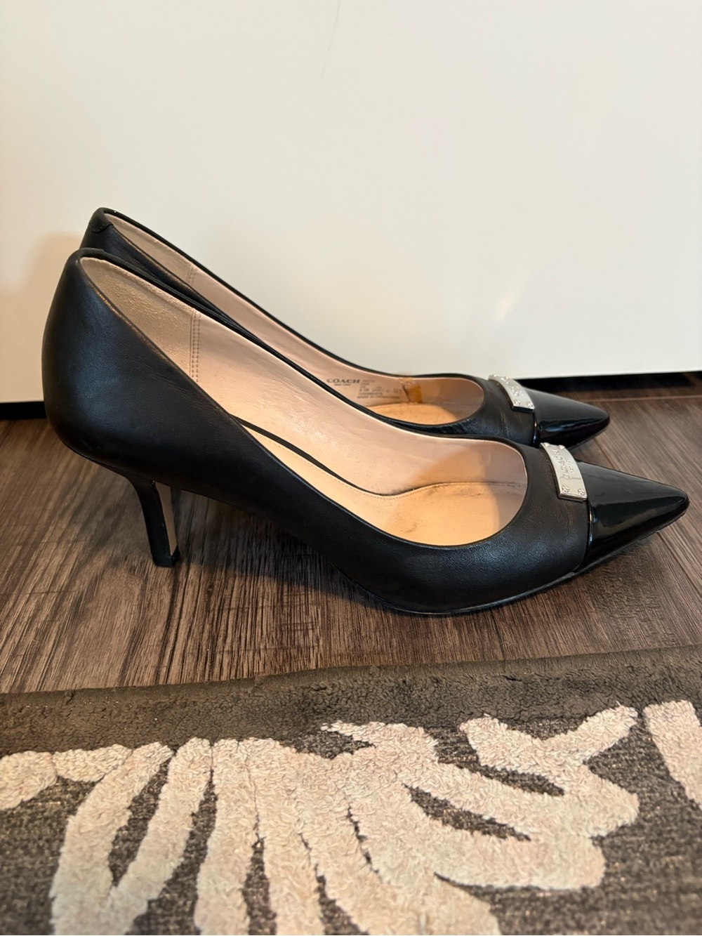 Coach Black Leather Pointed Toe Pumps with Patent Cap - Picture 3 of 7